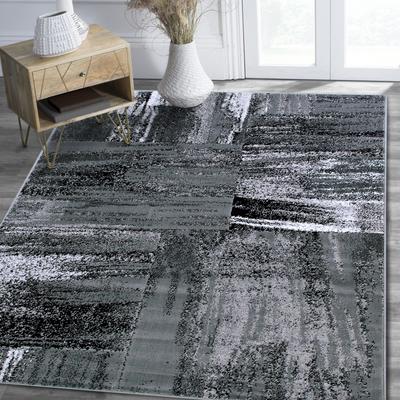 HR Grey, Silver, Black, Abstract Contemporary Design Brush Pattern Rug