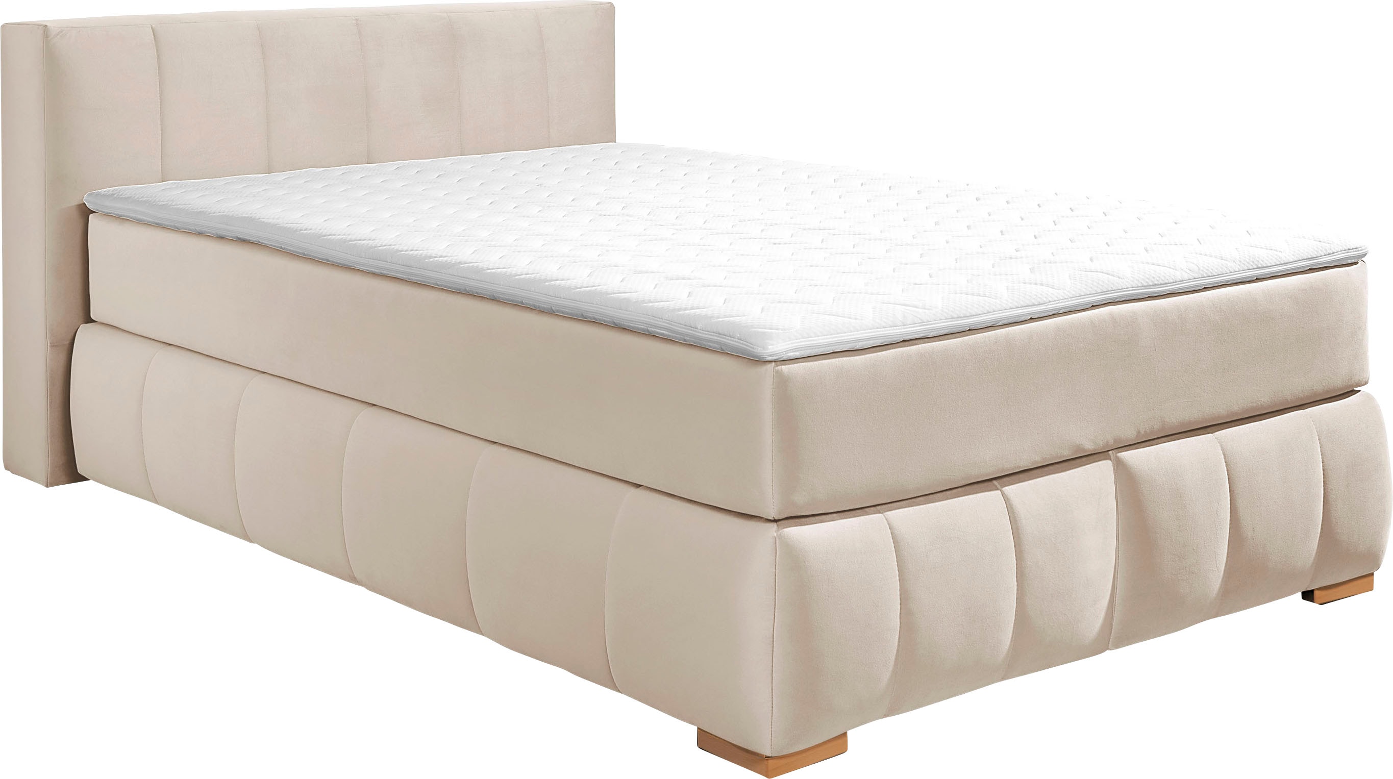 Boxspringbett HOME AFFAIRE "Chelles", beige, B:147cm L:245cm, Samtoptik (100% Polyester);Bezug der Spiegelfläche Matratzendrell aus 100% Polyester;Struktur fein 100% Polyester), Komplettbetten, Boxspringbett, inkl. Topper,, in XXL- Überlänge 220 cm,... Image