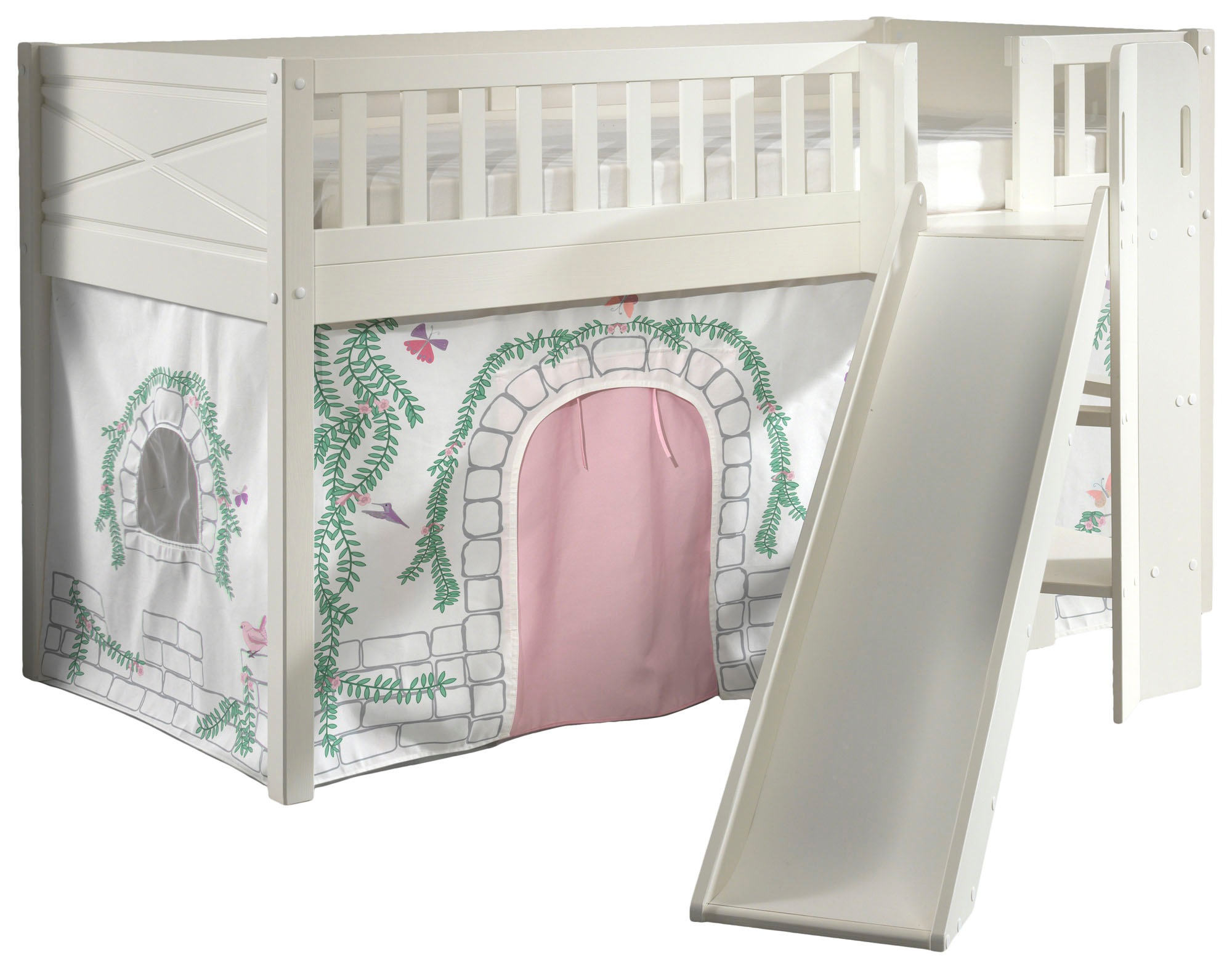 Hochbett VIPACK "Scott", weiß (weiß, beige mit floralem muster und schmetterlingen, weiß, weiß), B:203,7cm H:114cm L:207,6cm, 100% Baumwolle, Hochbetten, Hochbett, m. Rutsch-/Leiterturm, LF 90x200 cm, Vorhang, Tunnel, 4 Designs