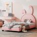 Platform Bed with Rabbit Ornament, Luxury Leather Upholstered Twin Bed Frame for Kids Teens Boys & Girls