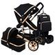 Baby Stroller, 3 in 1 High View Baby Pram Travel Carrier Combo Foldable Carriage Luxury Pushchair Stroller Shock Absorption Springs with Mommy Bag and Foot Cover