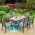 Summit Living 7-Piece Aluminum Outdoor Dining Set with Stackable Textilene Chairs&Wood-like Tabletop Metal Table for 6-Person Black&Gray