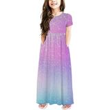 Clearance Girls Floral Dress Boho Short Sleeve Casual Swing Dresses Girl Maxi Dress Tie Dye Stripes Print Dresses Princess Dresses for Girls Rainbow Beach Sundress with Pockets for 11-12 Years