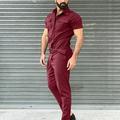 Cargo Pants For Men Spring And Summer Solid Color Short-sleeved Jumpsuit Tooling Lace-up Zipper Rompers Pants With Pockets Red