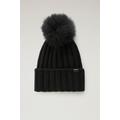 Woolrich Women Beanie in Pure Virgin Wool with Cashmere Pom-Pom Black Size S