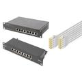 DIGITUS Set: 10 Zoll Netzwerk-Set – 1x Gigabit-Switch, 8-Port, Managed, Ethernet-Switch – 1x Patchpanel Cat-6A , 8-Port, LSA – 10x Netzwerkkabel Cat-6A, Patchkabel Grau, 0.25 m
