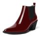 AMBELIGHT Women Block Patent Ankle High Night Club 2.3 Inch Cute Pointed Toe Low Heel Slip On Boots Burgundy Black Size 6