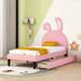 Full/Twin Size Bed Upholstered Leather Platform Bed with Rabbit Ornament and 4 Drawers