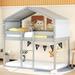 Twin Over Twin Bunk Bed Wood Bed with Tent，House Bed with Ladder, Fence Shaped Playhouse Bed with Guardrail