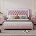 Modern Queen Size Upholstered Bed Frame with LED Lights, Soft Velvet Platform Bed with Crystal Tufted Headboard