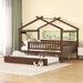 Full Size House-Shaped Daybed Bed with Twin Trundle for Kids, Wooden Platform Bedframe with Roof & Guardrail, No Box Spring Need