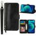 K-Lion for iPhone 14 Crossbody Case Premium PU Leather Zipper Shockproof Wallet Case Card Slots Full Protection Case Cover with Shoulder & Lanyard Strap for Women Girls Black