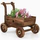 Wooden Wagon Planter Box Mobile Garden Planter With 4 Wheels Handle Drain Hole Decorative Flower Planter For Indoor & Outdoor Decor Wooden Flower For Patio Garden Balcony Brown