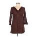 Xhilaration Casual Dress - Shift V Neck 3/4 sleeves: Brown Print Dresses - Women's Size Medium