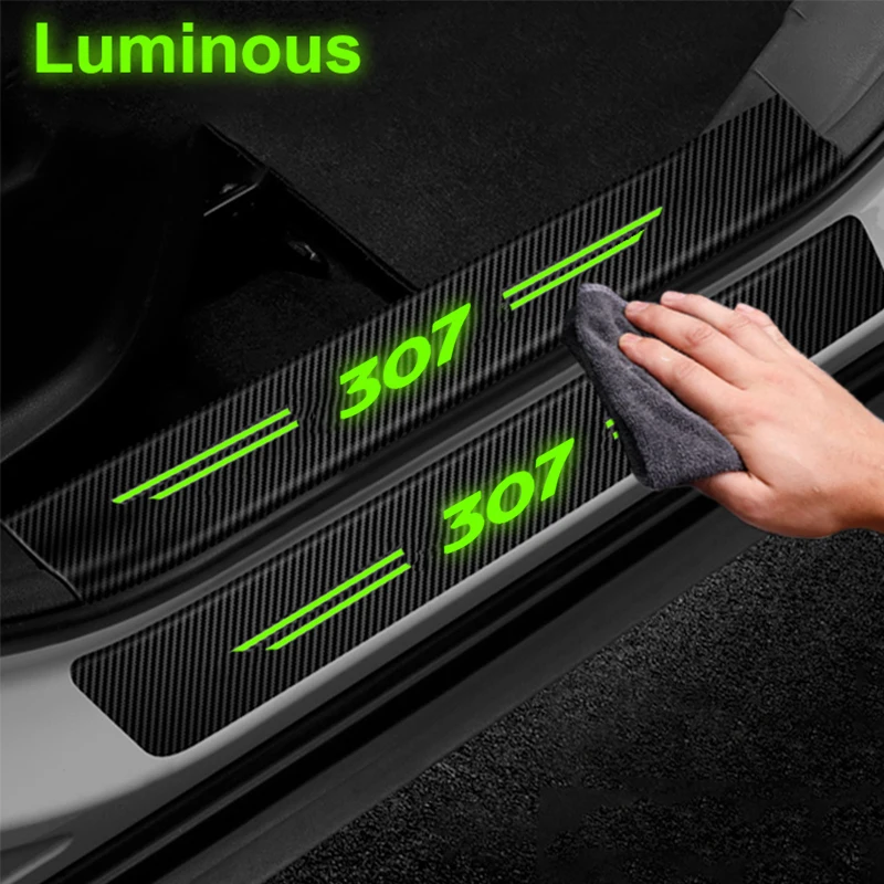 Autocollants de protection de seuil de coffre de protection de pédale lumineuse, garniture de seuil de porte de voiture, autocollants Anti-coup de pied pour décor de bande de Logo Peugeot 307