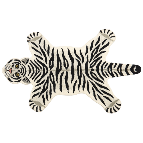 Teppich Schwarz und Weiß Wolle Tiermotiv 100 x 160 cm Tiger Design Handgetuftet Modern Kurzhaar Kinderzimmer Schlafzimmer Deko Accessoires