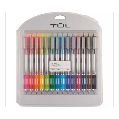 TUL Retractable Gel Pens, Medium Point, 0.7 mm, Silver Barrel, Assorted Standard & Bright Ink Colors, Pack Of 14 Pens