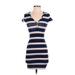 Planet Gold Casual Dress - Bodycon V Neck Short sleeves: Blue Print Dresses - Women's Size 2X-Small