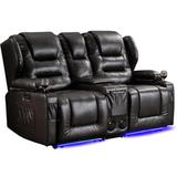 Ivy Bronx 66.9" Wide Power Recliner Loveseat Sofa w/ Console, Bluetooth Speaker & LED Lights Faux in Brown | 46.8 H x 66.9 W x 28.7 D in | Wayfair