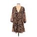 Madewell Casual Dress - Mini V Neck 3/4 sleeves: Brown Floral Dresses - Women's Size 2X-Small