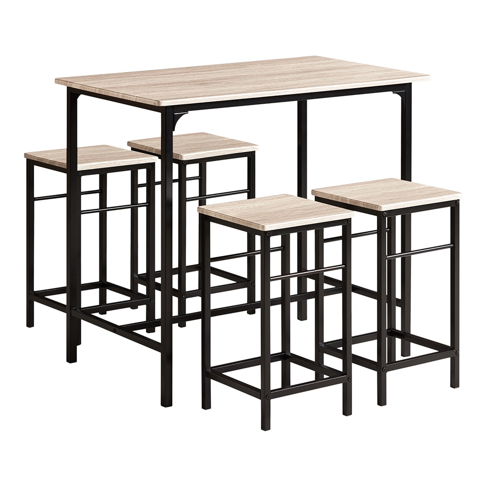 Set de 1 Table + 4 Tabourets effet bois et métal noir