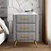 Velvet Wooden Nightstand with 3 Drawers and Metal Legs Handles, Gray