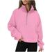 AherBiu Plus Size Sweatshirt for Women Half Zip up Hooded Pullover Long Sleeve Cropped Hoodie Solid Color