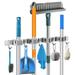 Broom Holder Stainless Steel Mop Hanger Wall-Mounted Tool Organizer with 4 Racks and 5 Hooks Metal Tool Organizer for Kitchen Garden Garage Silver