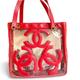 CHANEL Vintage clear vinyl and red leather combination shoulder purse, tote with CC marks and matching pouch