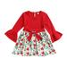 Baby Girls Dress Long Sleeve Round Neck Ruffle Floral Printed Patchwork High Waist Red Dress