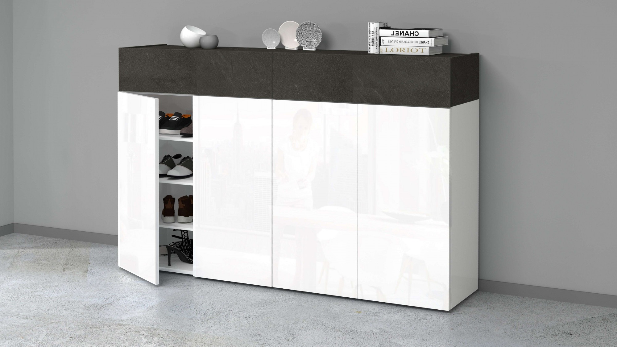 Schuhschrank INOSIGN "Savona", weiß (weiß hg, zement), B:152cm H:100cm T:35cm, Spanplatte, Schränke, Schuhschrank