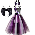 IMEKIS Kid Girls Princess Maleficent Costume Fancy Evil Queen Dress Up Handmade Knitted Tulle Dress with Horn and Wings Devil Witch Halloween Carnival Cosplay Party Outfit Purple 7-8 Years