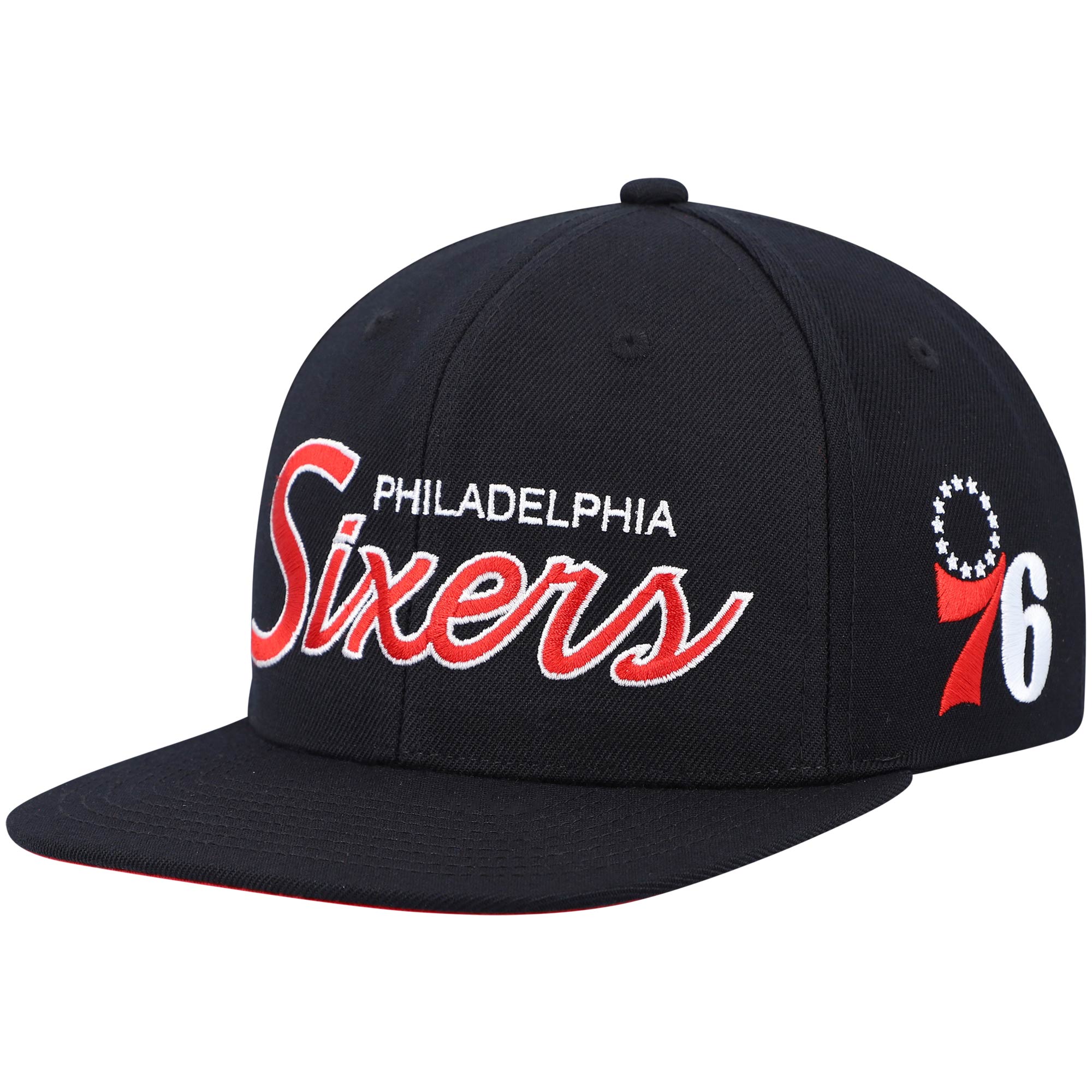 Schwarze Philadelphia 76ers Hardwood Classics Script 2.0 Snapback-Mütze von Mitchell & Ness für Herren Image