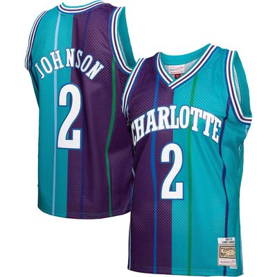 Herren Mitchell & Ness Larry Johnson Split Swingman-Trikot der Charlotte Hornets Hardwood Classics 1992/93 in Blaugrün/Lila Image