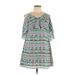 Monteau Casual Dress - Mini V Neck 3/4 sleeves: Blue Print Dresses - Women's Size Large