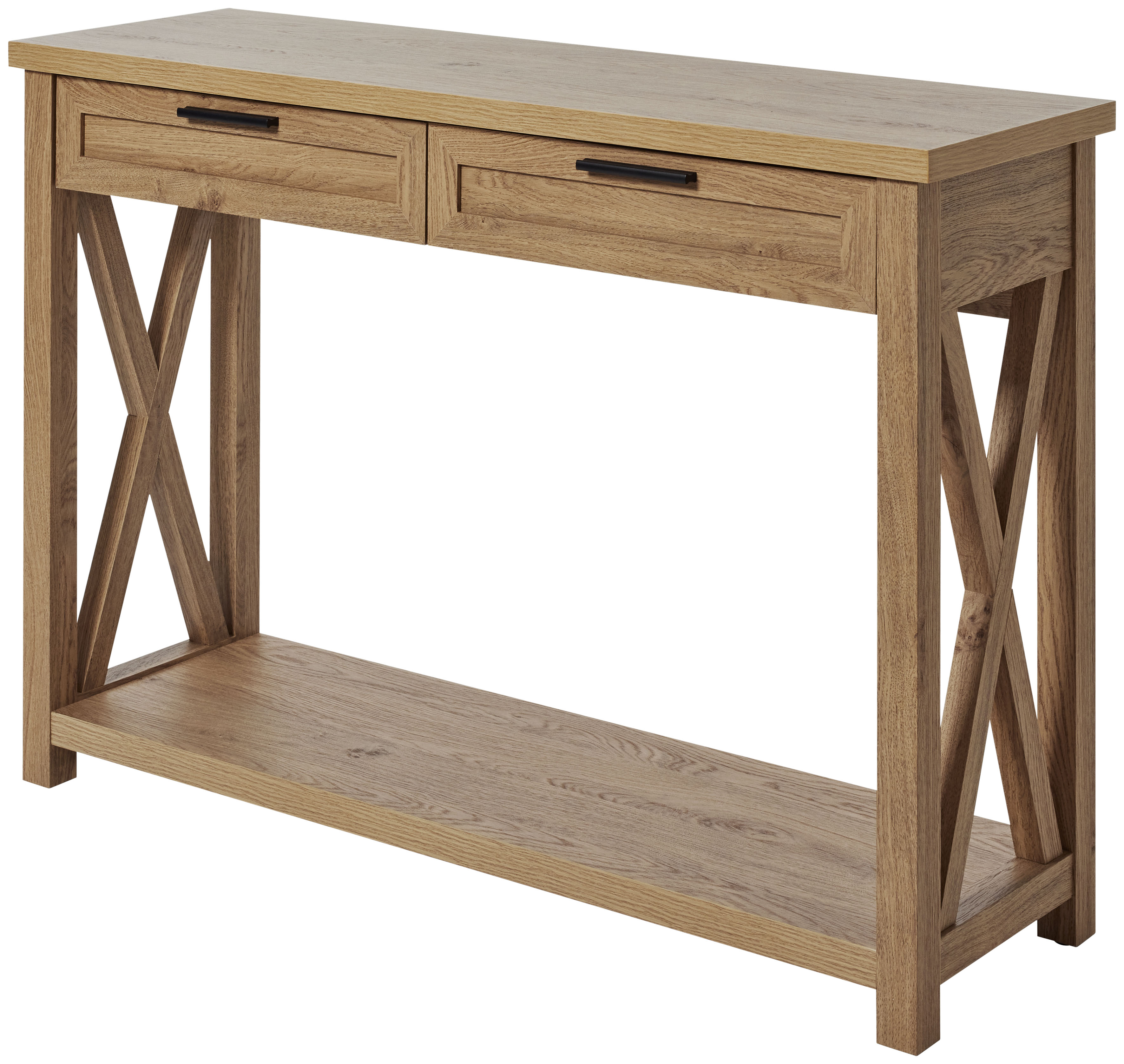 Konsolentisch JAHNKE "Chalet", braun (montana eiche, montana eiche, montana eiche), B:110cm H:77,2cm T:34cm, Tische, Konsolentisch mit 2 Schubladen und Ablage, Landhausstil, X-Design