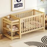 2-IN-1 Natural Wood Full Size Platform Bed Crib with Changing Table