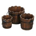 Set of 3 Wooden Flower Boxes Outdoor Durable Wood Barrel Planters for Outdoor Plants with Ergonomic Handles Drainage Holes Multiple Sizes Wood Bucket Planter