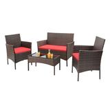 4 Piece Patio Table Set Multipurpose Rattan Chair Wicker Sofa with 3 Chair Modern Conversation Bistro Sets with Cushions and Tempered Glass Top for Outdoor Garden Backyard Indoor Balcony Red