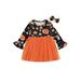 Kids Toddler Baby Girl Halloween Dress Mesh Long Sleeve Pumpkin Ghosts Halloween Outfit Clothes