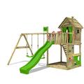 FATMOOSE HappyHome Play Tower Climbing Frame with Swing & Apple Green Slide, Playhouse with Sandpit, Ladder & Play Accessories for childen in the garden