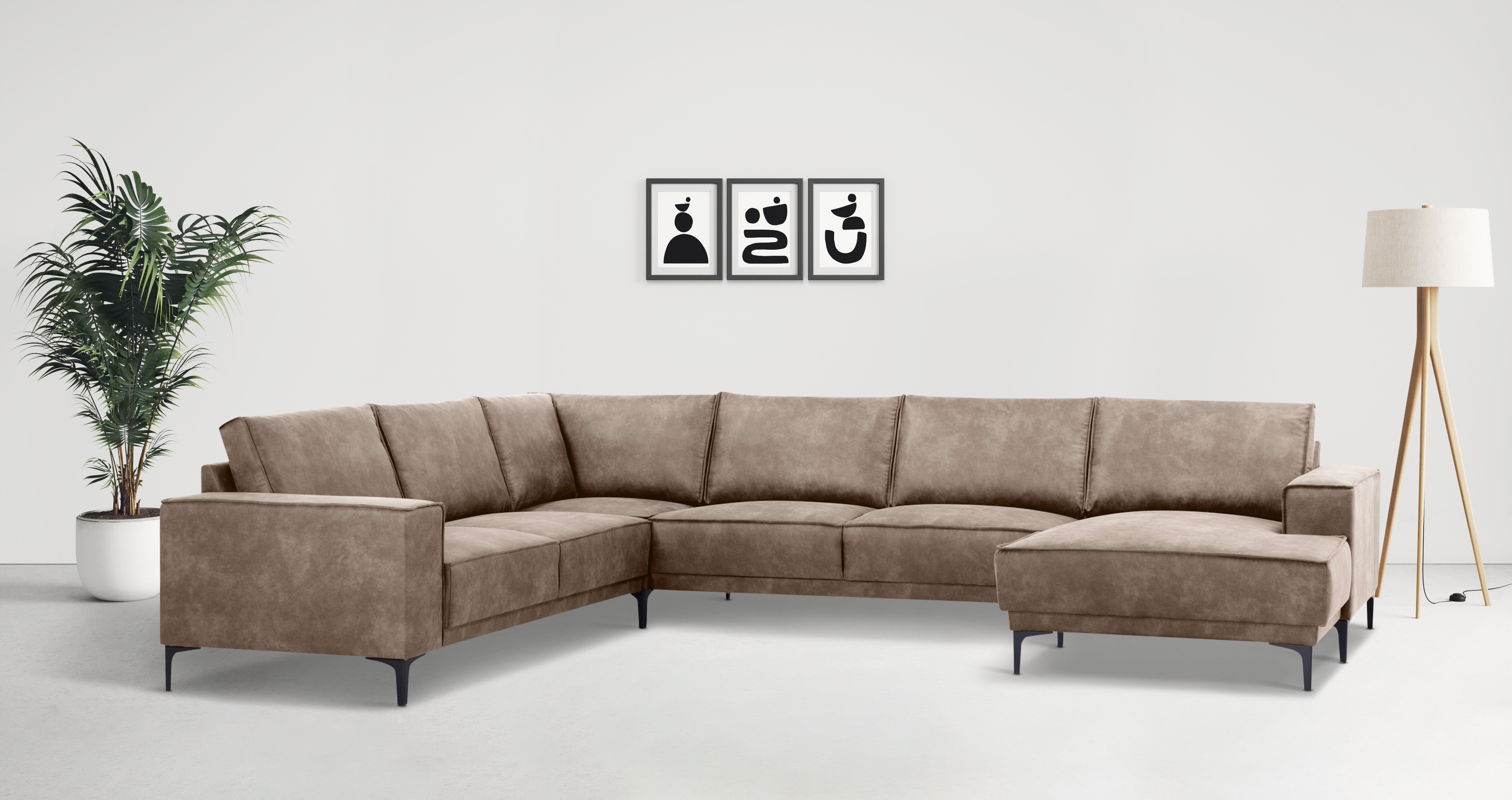 Wohnlandschaft OTTO HOME "XXL Sofa Oland, Struktur, Flachgewebe, Luxus-Microfaser, Boucle", grau (taupe), B:342cm H:85cm T:260cm, 100% Polyester, Sofas, U-Form, 342 cm, Wellenunterfederung, Skandi-Design, Metallfüße