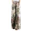 Women Flowy Wide Leg Pants Comfy Cotton Linen Elastic Waist Belted Retro Floral Palazzo Pants Ethnic Elegant Trousers Black