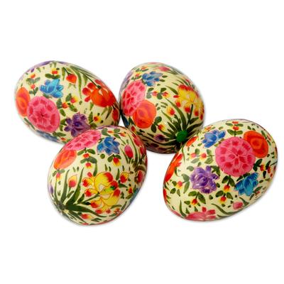 Floral Blast,'Hand Crafted Colorful Papier Mache Eggs (Set of 4)'