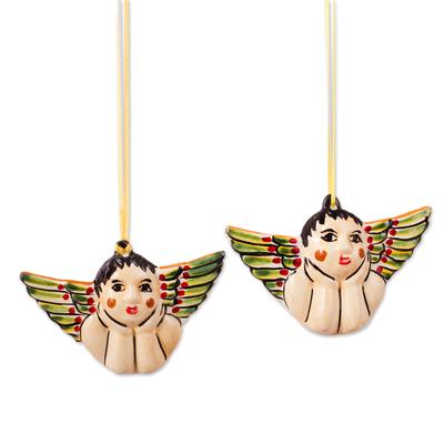 Rosy-Cheeked Angels,'Ceramic Angel Ornaments Crafted in Mexico (Pair)'