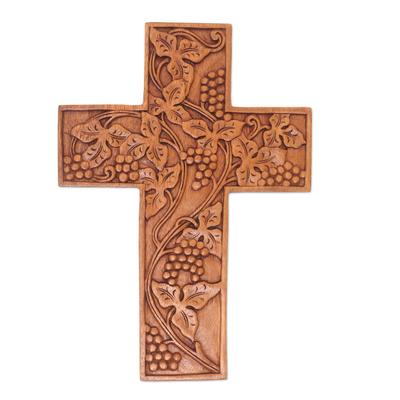 Grape Leaves,'Engraved Suar Wood Wall Cross from Bali'