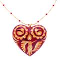 Free Love,'Red Copal Wood Pendant Necklace with Painted Bird Details'