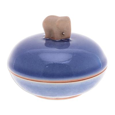'Blue Handmade Celadon Ceramic Elephant-Themed Decorative Jar'