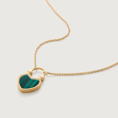 Gold Heart Gemstone Padlock Fine Chain Necklace 41-46cm/16-18' Malachite
