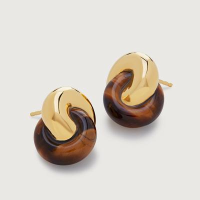 Gold Kate Young Gemstone Link Stud Earrings Tigers Eye